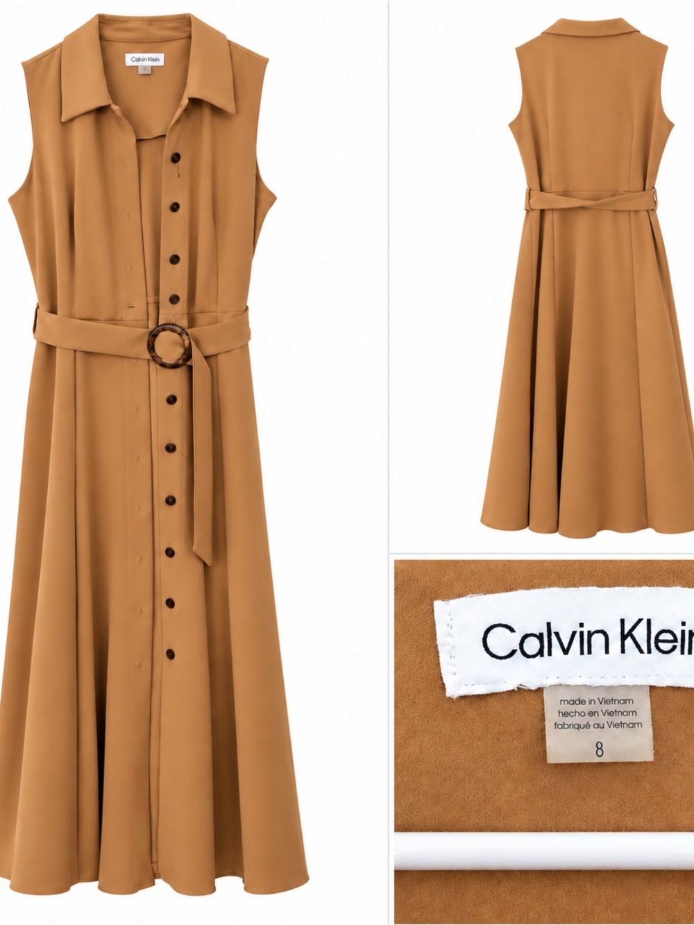 Calvin Klein Sleeveless Belted A-Line Shirt Dress in Camel